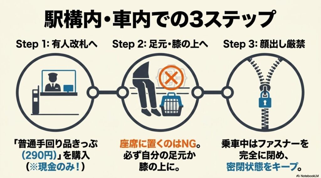 有人改札での手回り品きっぷ購入（現金のみ）、座席ではなく足元・膝の上への配置、車内での顔出し厳禁（完全密閉）の3ステップ解説
