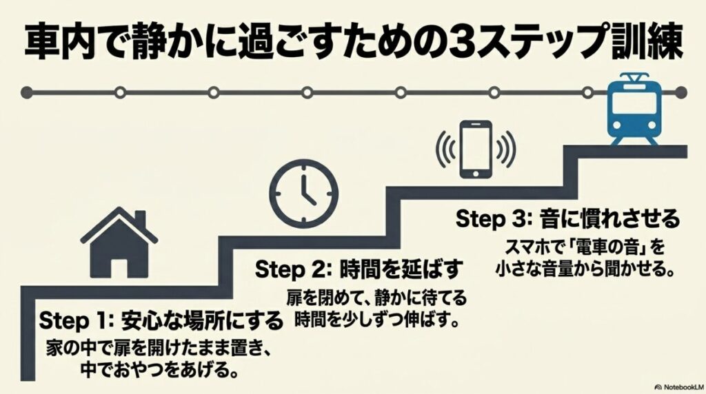 家の中でキャリーをお気に入り空間にするステップ、扉を閉める時間を延ばすステップ、スマホで電車の音に慣れさせるステップの3段階訓練法