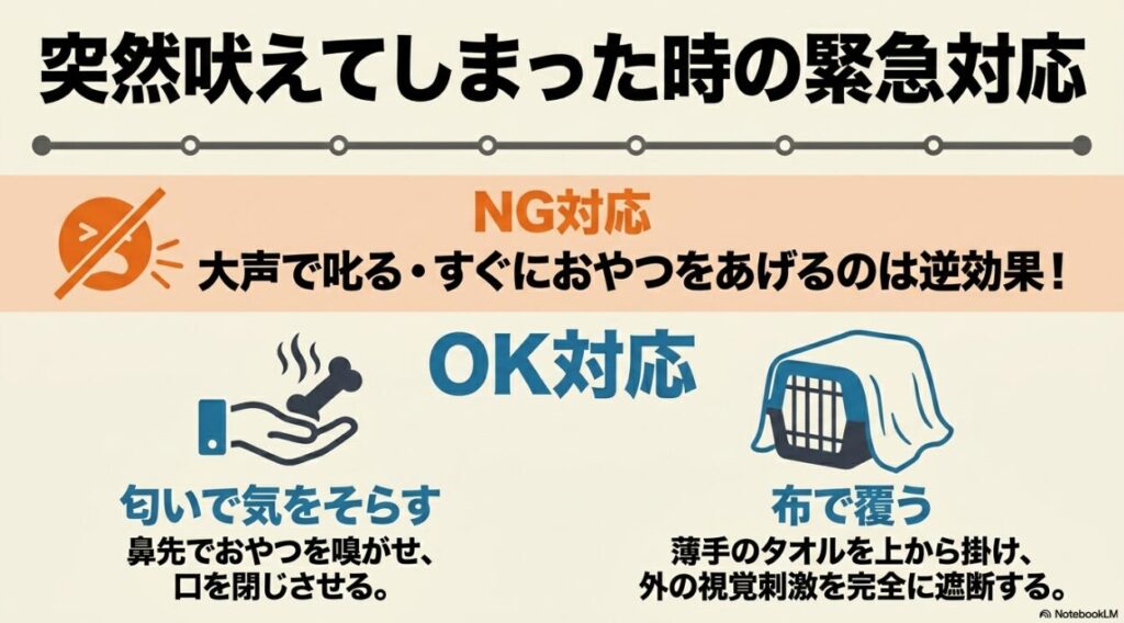 車内で吠えたときのNG対応（大声で叱る・すぐにおやつをあげる）と、OK対応（おやつの匂いで気をそらす・布をかけて視覚遮断する）の比較
