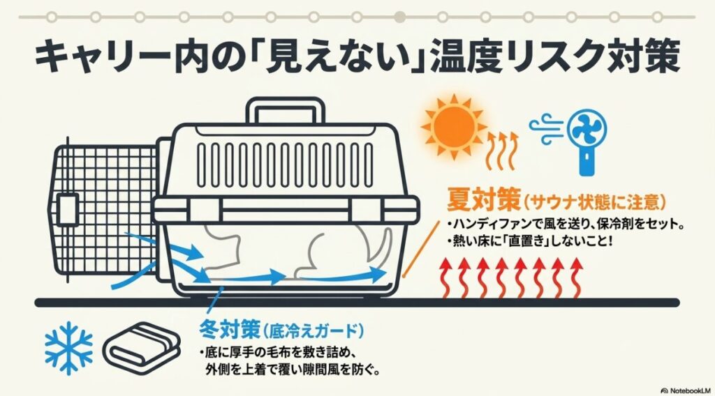 夏の熱中症対策（ハンディファン、保冷剤、床への直置き禁止）と、冬の底冷え対策（厚手毛布、上着での隙間風ガード）のイラスト解説