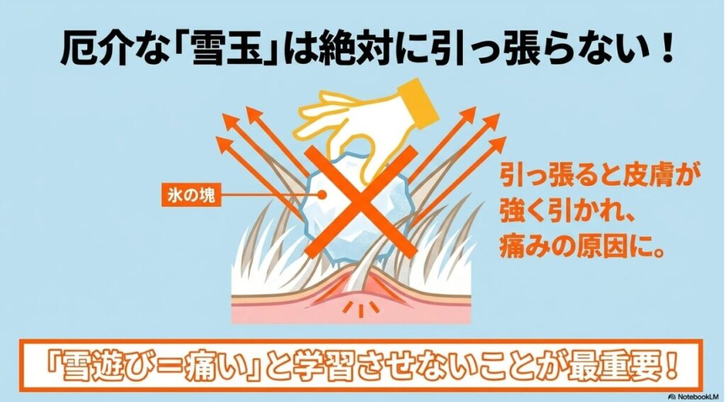 毛に付いた雪玉（氷の塊）を引っ張ると、皮膚が強く引かれて痛みの原因になることを示すイラスト。「雪遊び＝痛い」と学習させないことが最重要