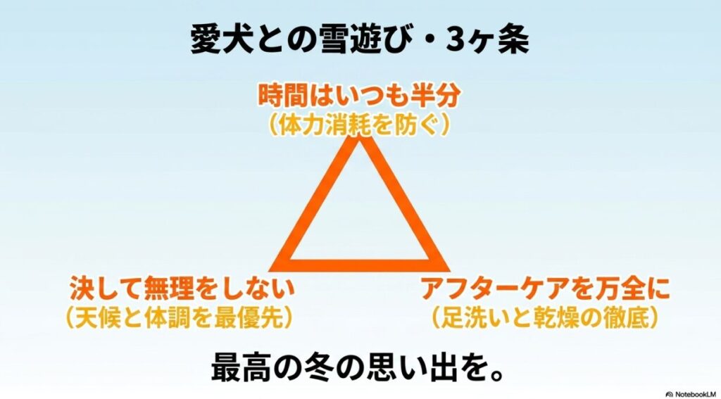 雪遊びのまとめ。時間はいつもの半分、決して無理をしない、アフターケアを万全に（足洗いと乾燥）の3ヶ条。