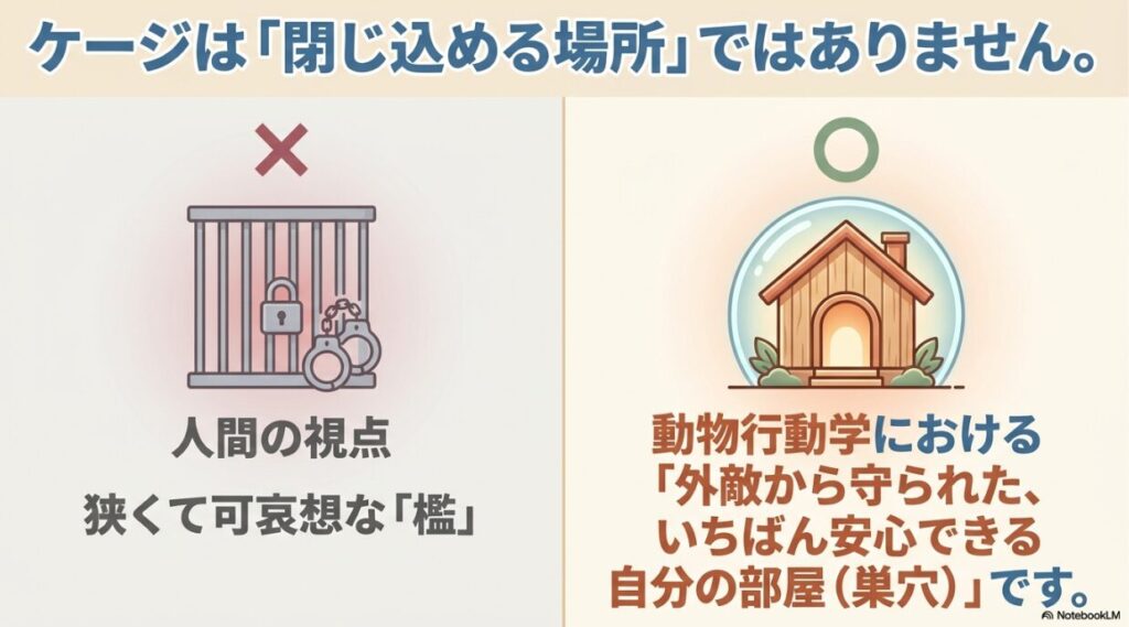 「人間の視点では檻に見えるケージも、動物行動学では外敵から守られた安心できる巣穴である」という概念を説明する比較イラスト