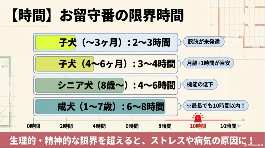 子犬（2〜4時間）、成犬（6〜8時間）、シニア犬（4〜6時間）のライフステージごとの留守番限界時間と、10時間を超えるリスクを示す図解