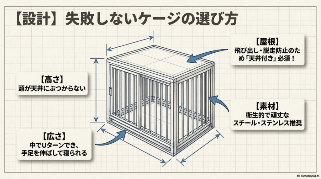 ケージの高さ（頭がぶつからない）、広さ（Uターンできる）、屋根の有無、素材（スチール推奨）を解説する図解イラスト。