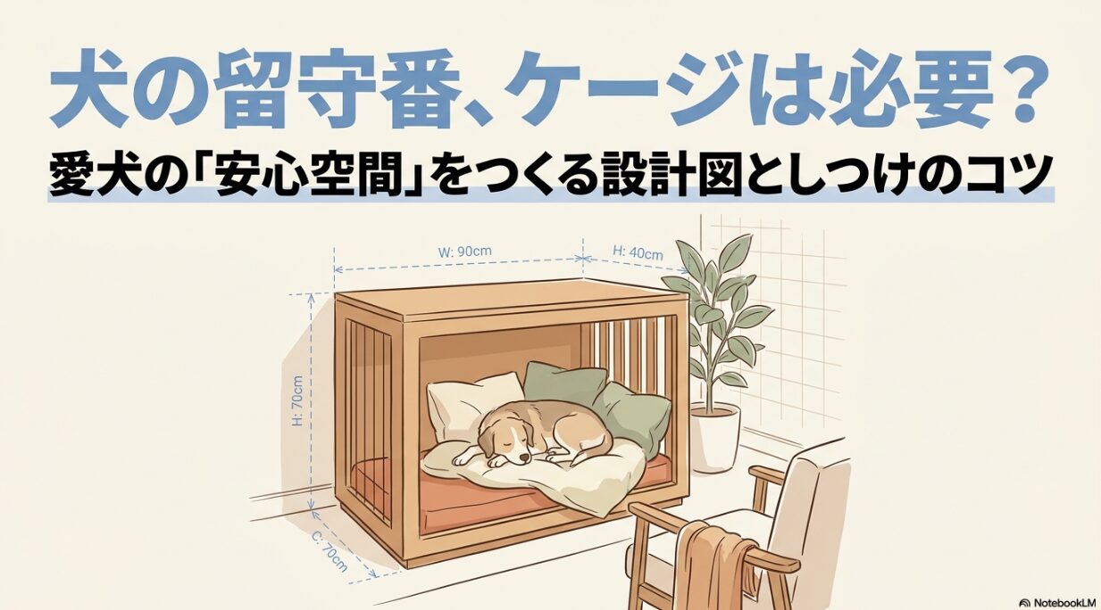 ビーグル犬がケージ内でリラックスしているイラスト。幅90cm、奥行き70cm、高さ70cmといった具体的なサイズ感が示されている。
