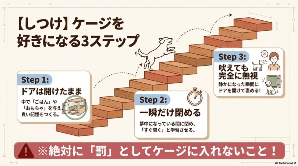 ドアを開けたまま食事を与える、一瞬だけドアを閉める、吠えても無視して静かになったら開ける、というしつけの段階を示したフロー図