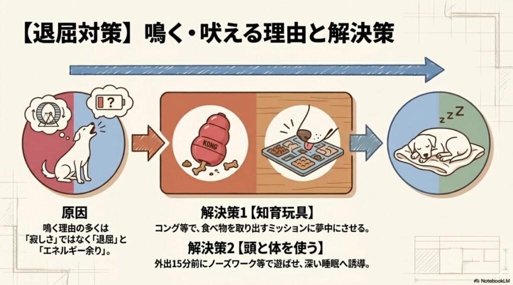 鳴く原因は「退屈」と「エネルギー余り」であるとし、解決策として知育玩具（コング）の活用や外出前のノーズワークを推奨するイラスト。