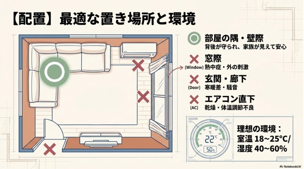 部屋の隅や壁際が「良」とされ、窓際・玄関・エアコン直下が「NG」であることを示す間取り図と、理想の温湿度（18-25度、40-60%）のイラスト