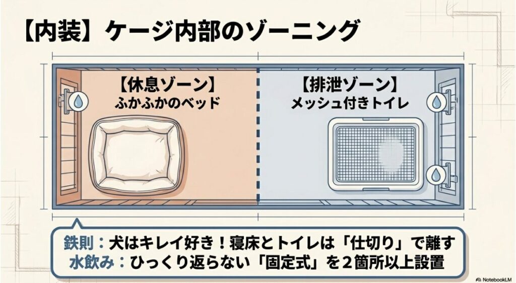ケージ内を休息ゾーン（ベッド）と排泄ゾーン（トイレ）に仕切り、水飲み器を固定式で設置している理想的なレイアウト図