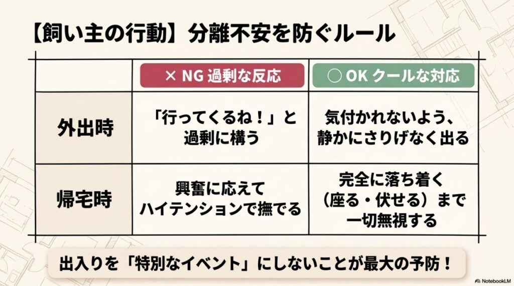 外出時はさりげなく静かに出る、帰宅時は愛犬が落ち着くまで無視する、というNG行動とOK行動を比較したルール表。