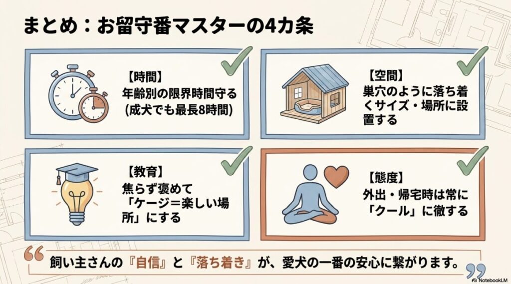 時間の厳守、空間の確保、教育（しつけ）、態度の4つの重要ポイントを振り返るまとめイラスト。