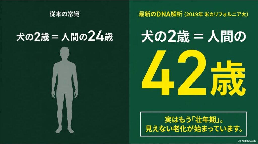 犬の2歳が人間なら42歳に相当することを示すDNA解析結果のスライド