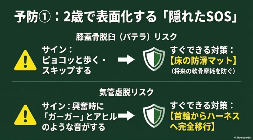 膝蓋骨脱臼と気管虚脱のサインと対策をまとめたスライド
