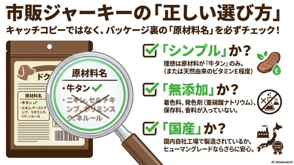 パッケージ裏の原材料名を確認するイラスト。シンプル（原材料が牛タンのみ）、無添加（添加物なし）、国産（国内自社工場）の3条件を推奨。