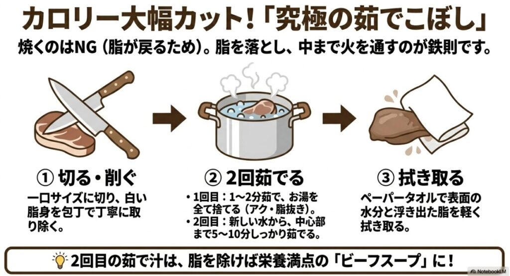 牛タンの調理手順。1.脂を削ぐ、2.二度茹でする（アクと脂抜き）、3.水分を拭き取るの3ステップ。茹で汁がスープとして活用できることも記載