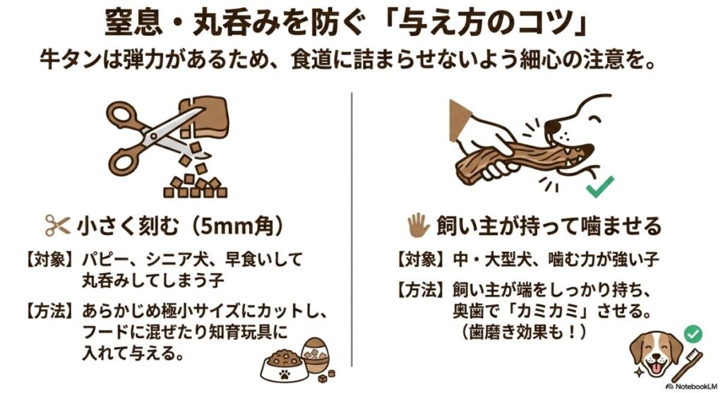 窒息防止のためのスライド。パピー・シニア犬には5mm角に刻む、噛む力が強い子には飼い主が端を持ってカミカミさせるという具体的な方法を図解