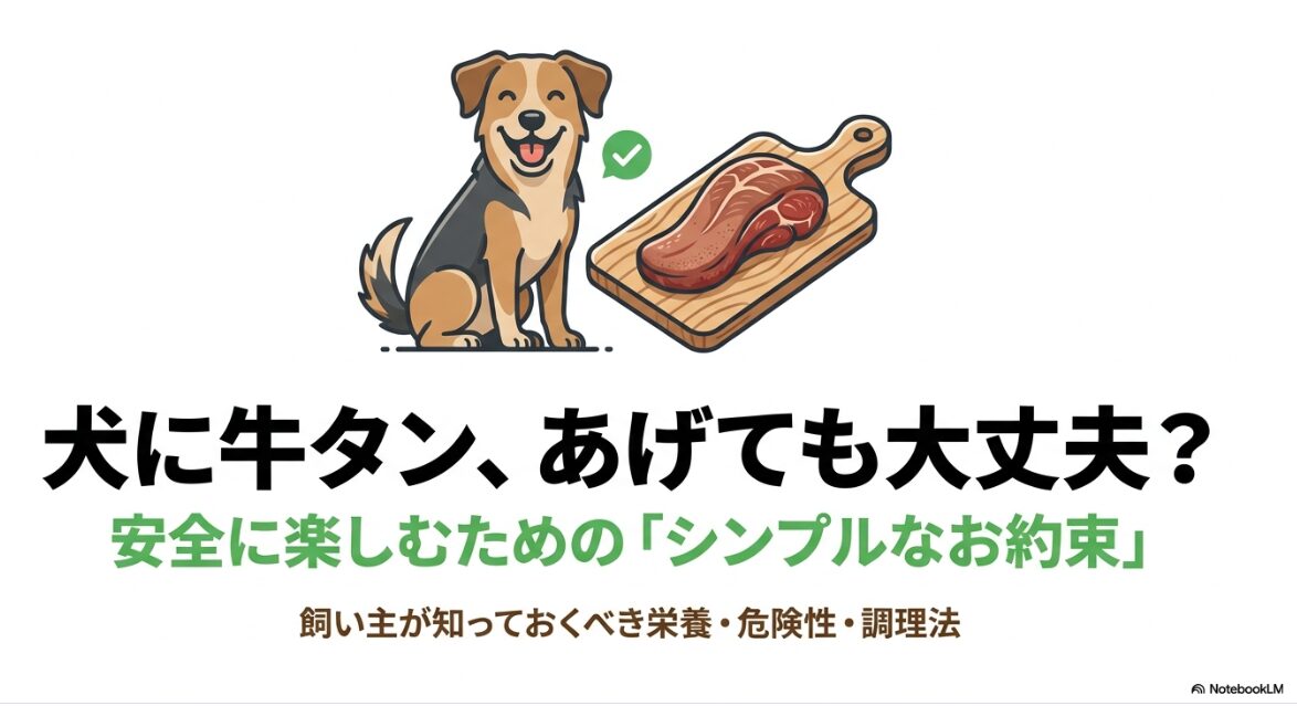 犬に牛タンをあげても大丈夫？安全に楽しむための栄養、危険性、調理法をまとめたスライドの表紙。笑顔の犬とまな板に乗った牛タンのイラスト